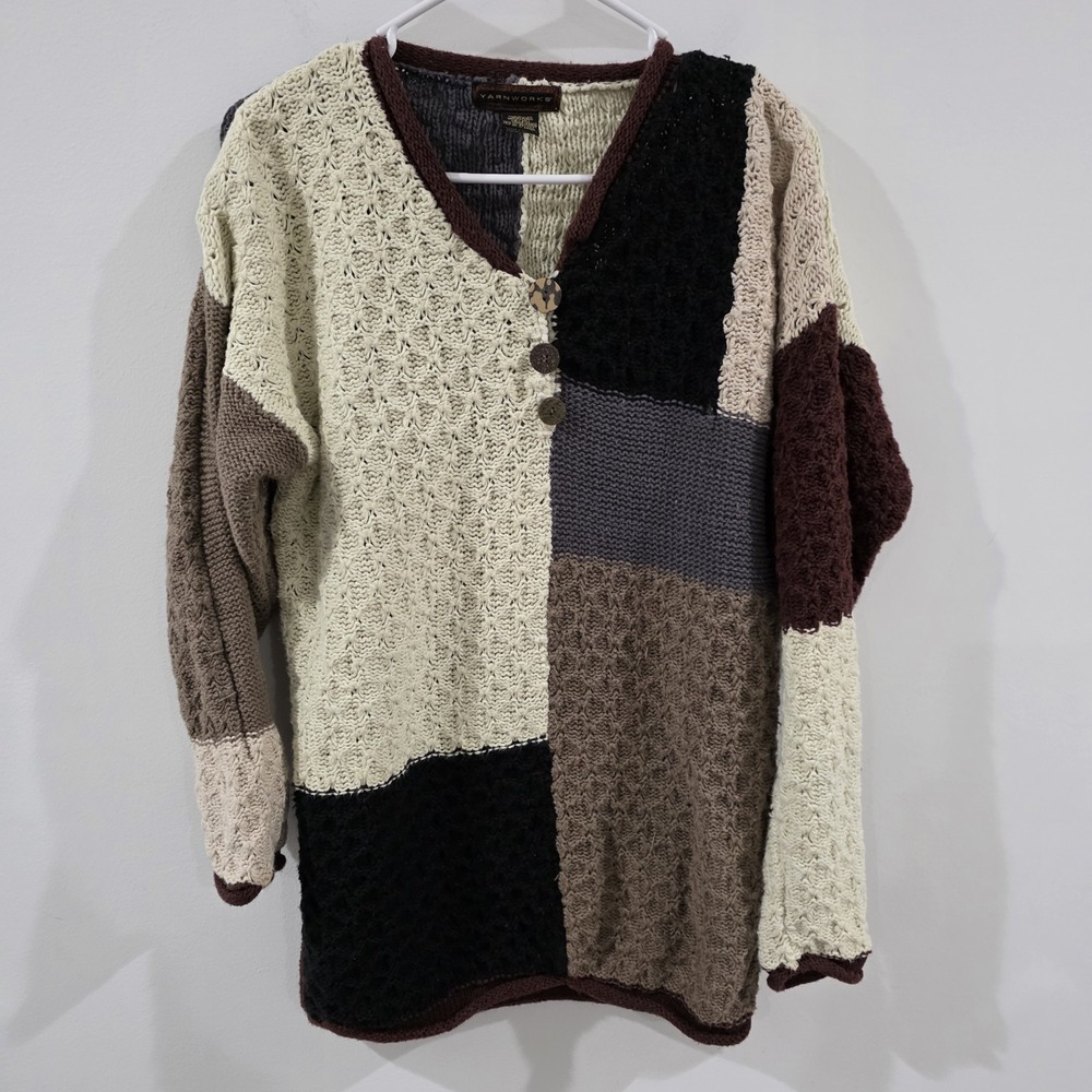 Yarnworks Womens Patchwork Sweater Size Medium Neutral Chunky Indie Goblin Fairy